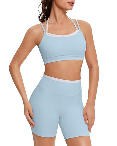 OMKAGI Workout Sets for Women Cute Doubel Layer Open Back Sports Bras Gym Shorts Outfits(XL,531-Baby Blue) | Amazon (US)