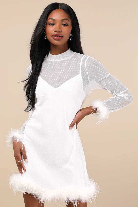 Immaculate Charisma White Mesh Feather Long Sleeve Mini Dress | Lulus