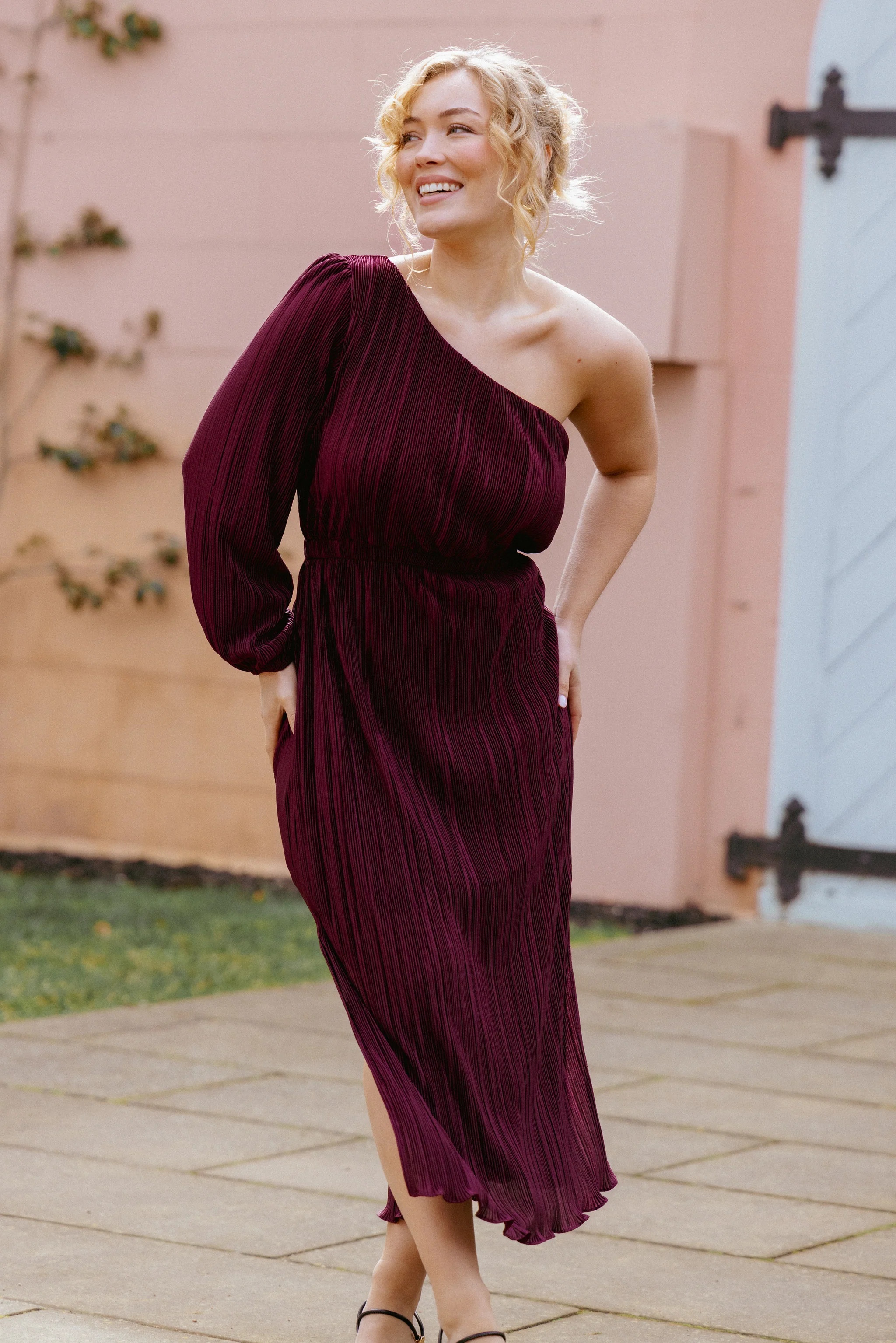 Pontee One Shoulder Pleated Midi Dress - Burgundy | Petal & Pup (US)