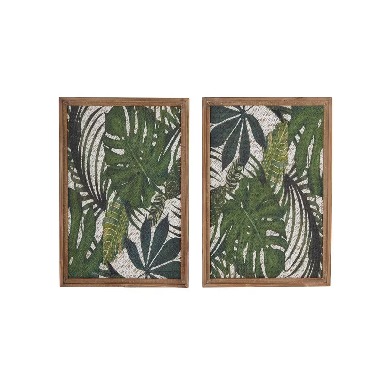 Wood Leaf Tropical Wall Decor with Brown Frame Set of 2 Green - Olivia & May | Target