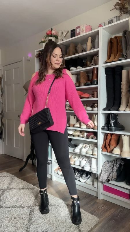 Cold shoulder pink sweater for a casual vday look - wearing a medium in the sweater but I’d suggest getting true size. Leggings are so soft and tts 

#LTKstyletip #LTKcurves #LTKshoecrush
