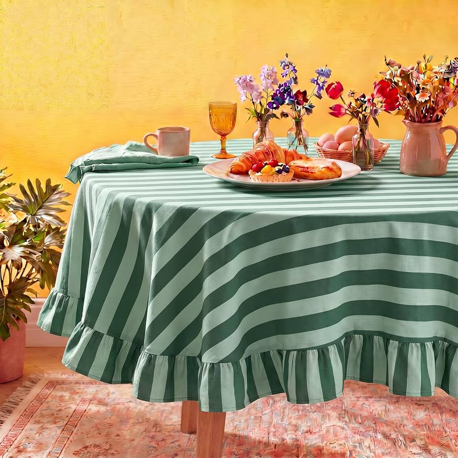 Tudomro 1 Pcs Ruffle Edge Striped Tablecloth, 60'' Scalloped Table Cover, Farmhouse Linen Fabric ... | Amazon (US)