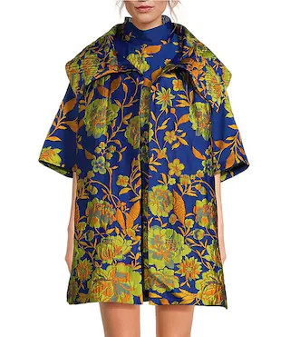 Buru Floral Print Oversized Point Collar 3/4 Sleeve Side Pocket Car Coat | Dillard's | Dillard's