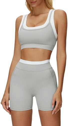 Women 2 Piece Workout Sets Padded Color Block Sports Bras High Waist Tummy Control Shorts Yoga Ou... | Amazon (US)