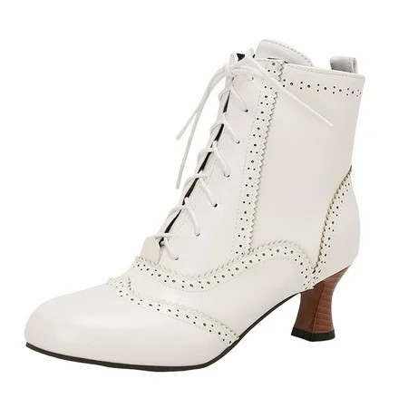 Quealent Vintage Victorian Boots for Women Kitten Heel Ankle Boots Lace Up Low Heel Witch Shoes Oxford Wingtip Boots (White 9.5) | Walmart (US)