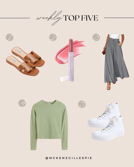 Weekly best sellers // classic camel slides, Tarte Maracuja lip vinyl, wide leg flowy pants, mint green jersey top and crisp white converse 

#LTKstyletip #LTKshoecrush #LTKfindsunder100