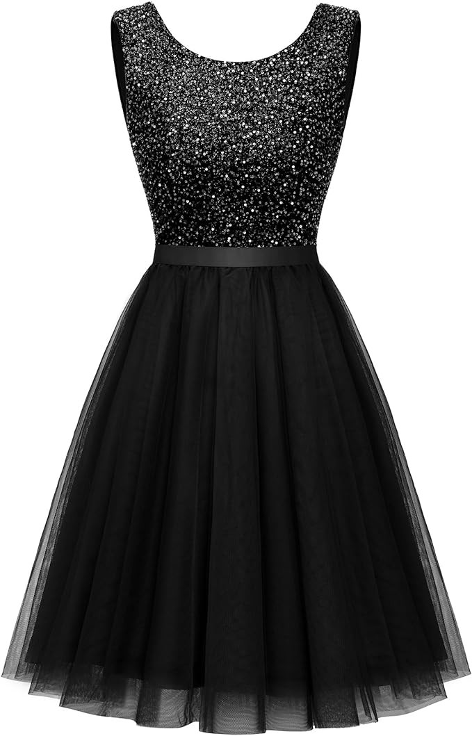BeryLove Sequin Dress Vintage A Line Wedding Formal Swing Tulle Dress Sleeveless Cocktail Mini Dr... | Amazon (US)