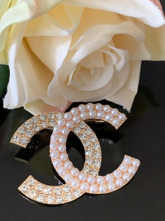 Stunning Crystal Rhinestone Faux Pearl Letter Gold Brooch | Etsy (US)