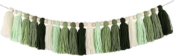 DrCor Dreaming Decor Green Tassel Garland with Wood Bead Jungle Leaves Garland Banner for Nursery... | Amazon (US)