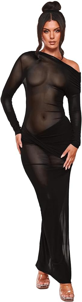 Floerns Women's Asymmetrical Neck Sheer Mesh Long Sleeve Evening Bodycon Maxi Dress | Amazon (US)