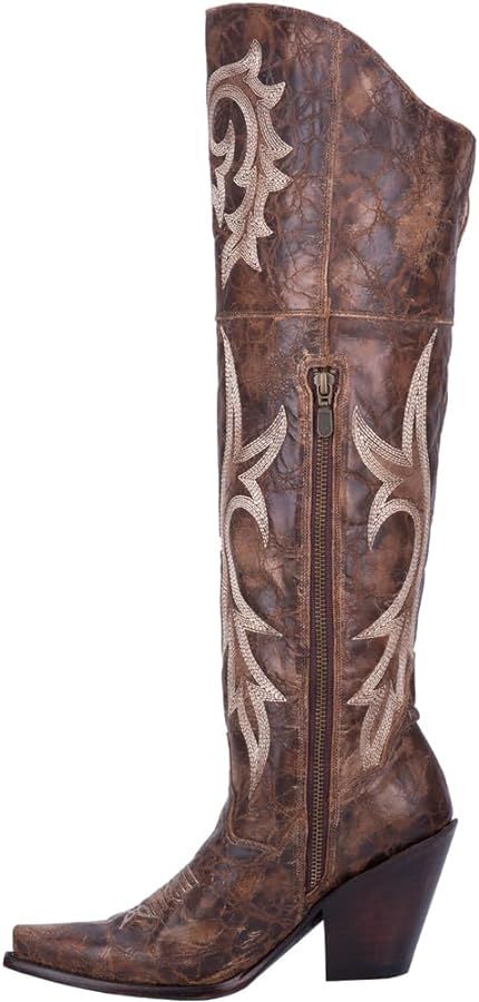 Dan Post Womens Jilted Embroidered Snip Toe Dress Boots Over the Knee High Heel 3" & Up - Brown | Amazon (US)