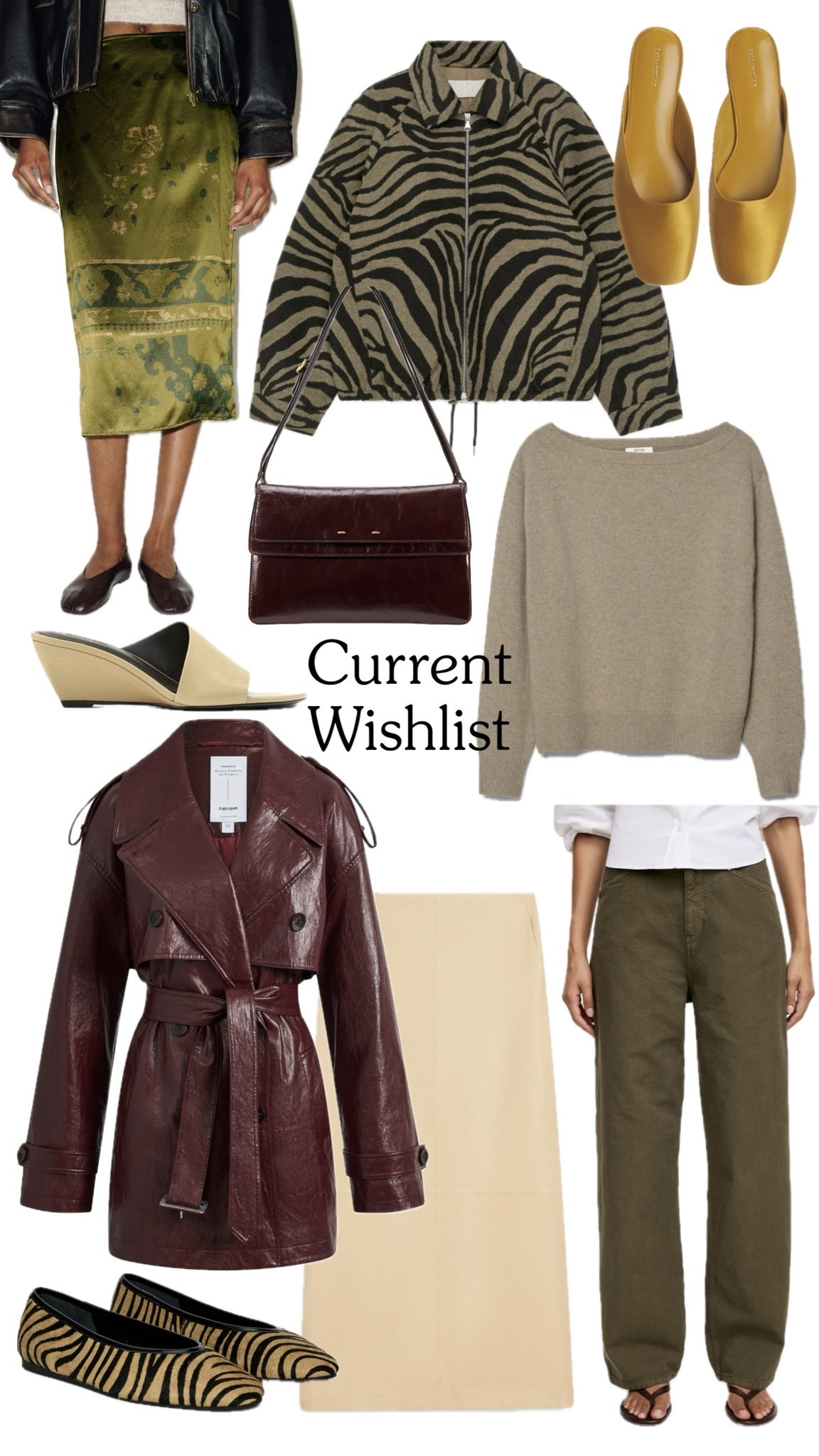 Everything that is on my current wish list for fall!

Red leather jacket, butter yellow wedges, butter yellow leather skirt, burgundy shoulder bag, beige boatneck sweater, olive green jeans, zebra print jacket, green patterned silky skirt, satin mules, animal print flats.

#LTKcanada #LTKfall #LTKstyletip