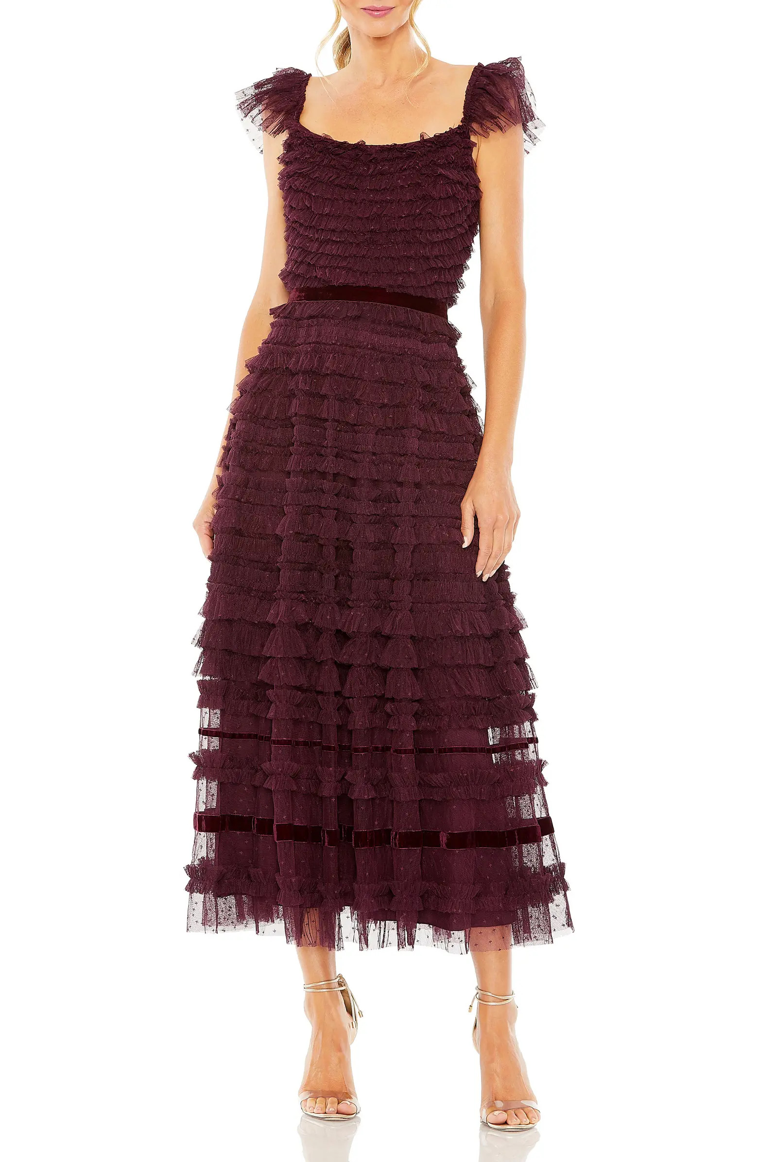 Ruffle Cap Sleeve Embellished Tiered Midi Dress | Nordstrom