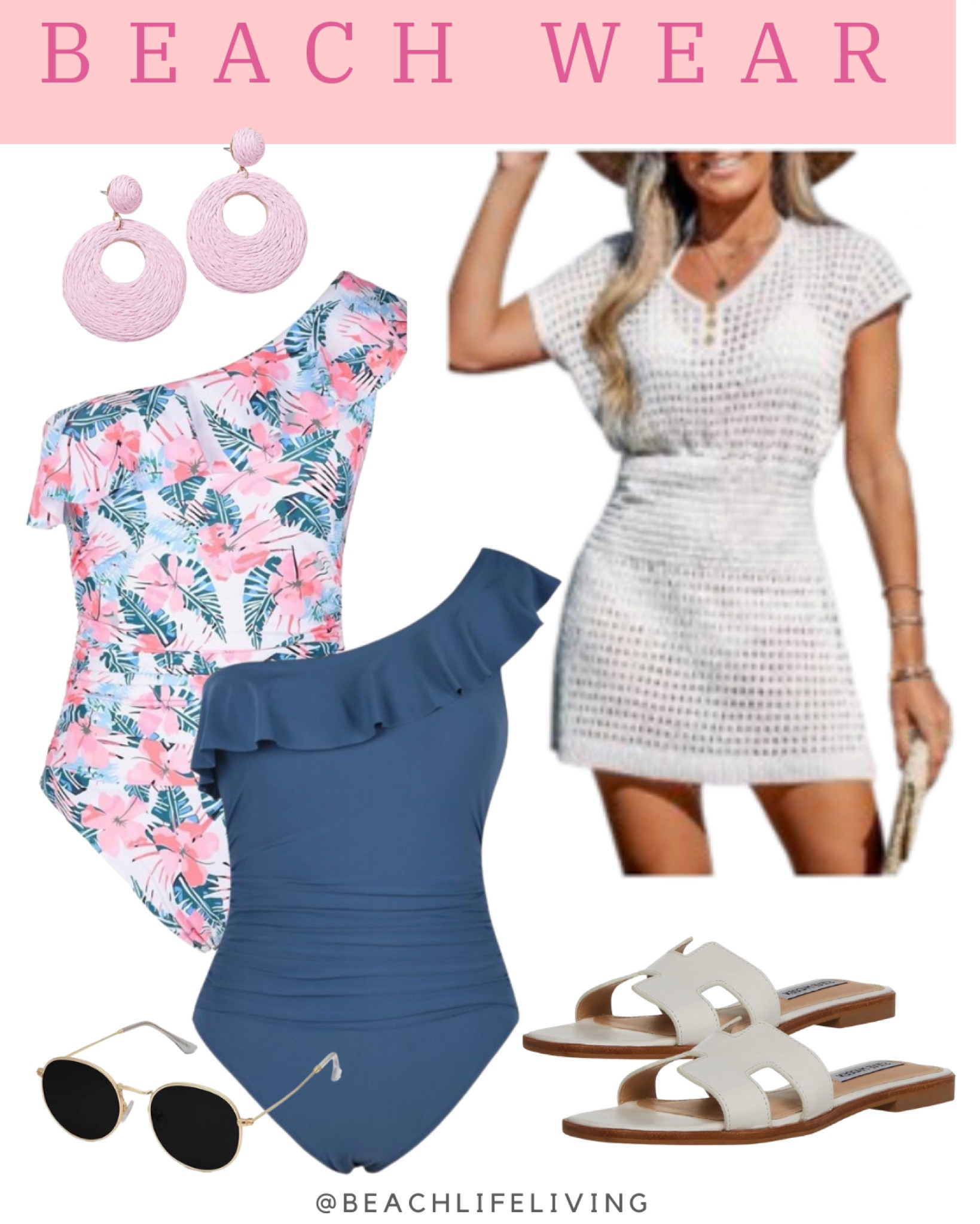 Beach wear from Amazon ,
Beach cover up, bathing suit, pink earrings, sandals 
#vacation #travel #beachwear 


#LTKswim #LTKSpringSale #LTKtravel
