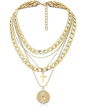 MJartoria Gold Layered Necklaces for Women Trendy Retro Coin Pendant Necklace Dainty Chunky Chain... | Amazon (US)