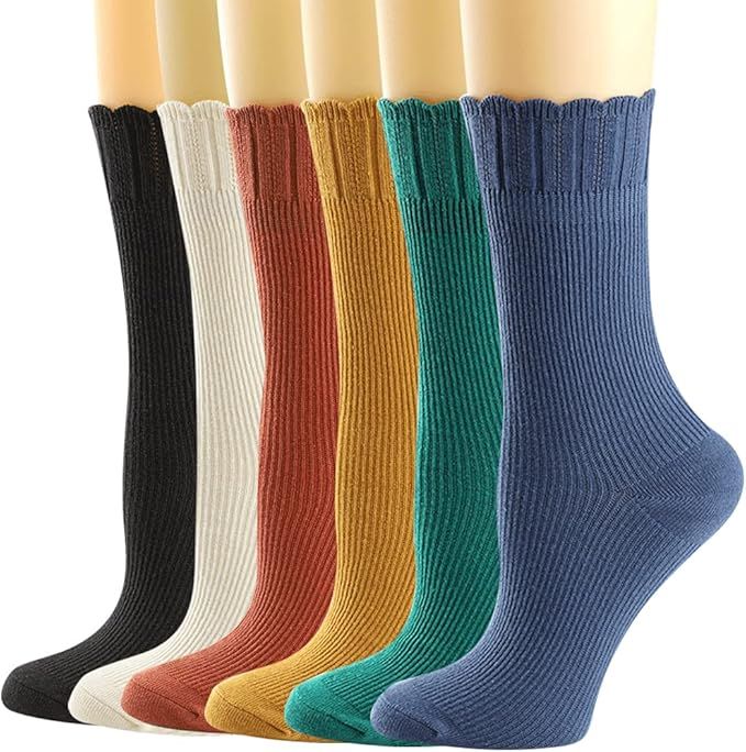 Womens Socks, Womens Crew Socks Casual Knit Cotton Comfy Breathable Dress Socks for Women 6 Pack | Amazon (US)