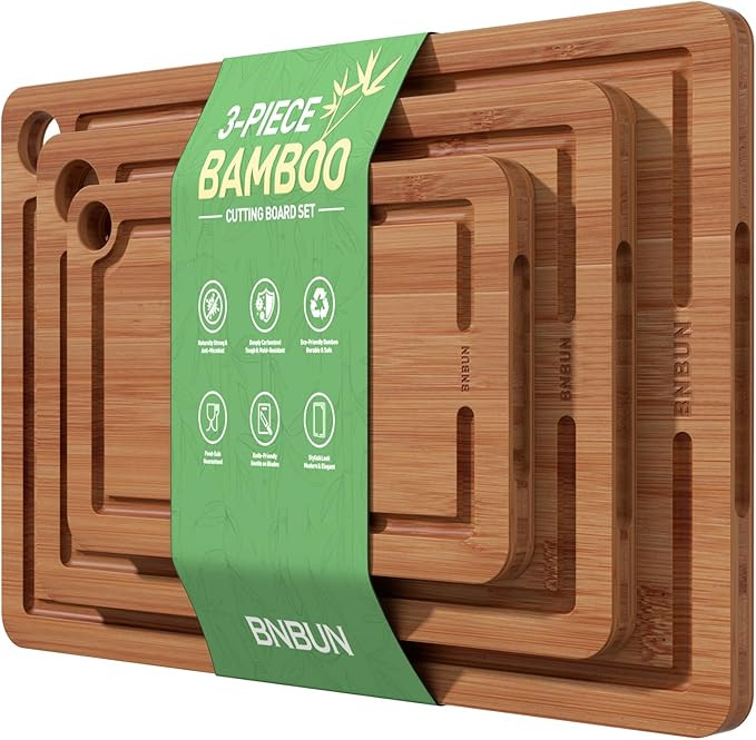 Bamboo Cutting Board for Kitchen, Wooden Cutting Board 3-Piece Set with Non-Slip Mat Deep Juice G... | Amazon (US)