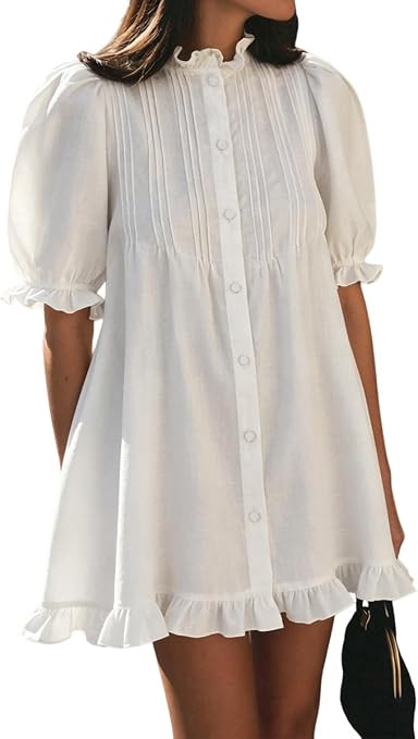 Women's Ruffle Dress Puff Sleeve Button Down Cotton Mini Dresses | Amazon (US)