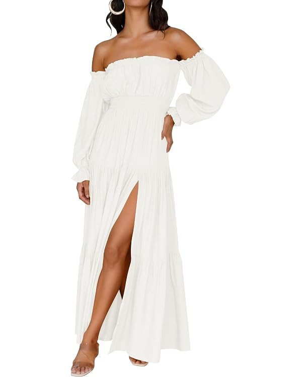 ZESICA Women's Boho Off Shoulder Wedding Guest Dress 2026 Spring Summer Side Split Flowy A Line L... | Amazon (US)