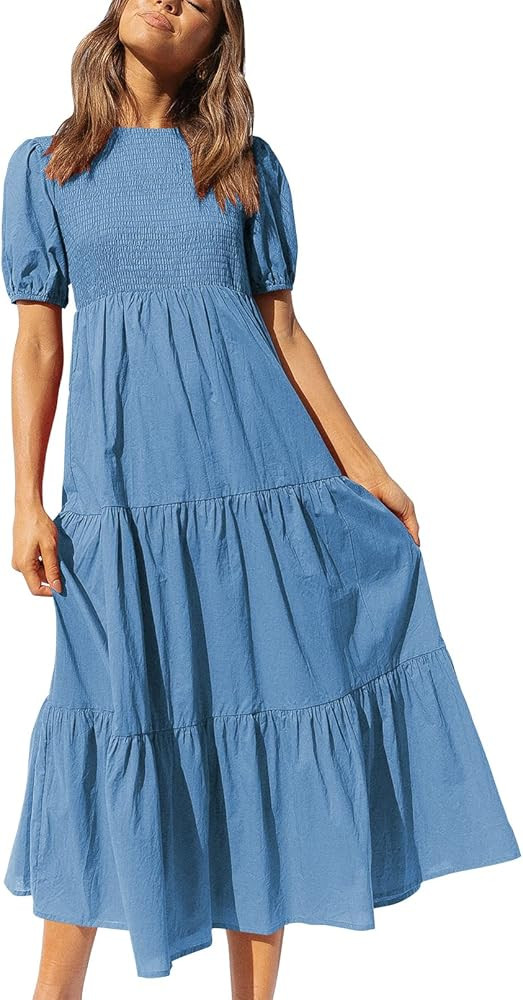 LOGENE Women Short Sleeve Crew Neck Smocked Elastic Waist Tiered Maxi Dress Summer Boho Solid Col... | Amazon (US)