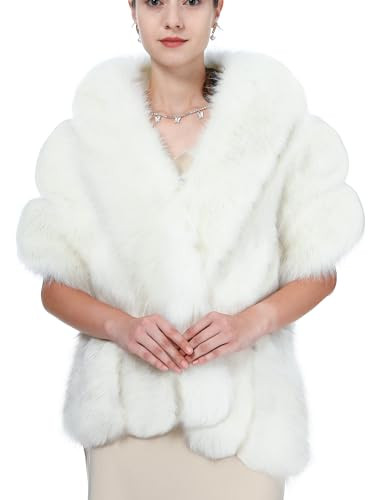 LA CARRIE Women Wedding Faux Fur Long Shawl Bridal Cape Party Stole Winter Scarf Soft Cover Up Shrug Gown Wrap(White with Black Tips) | Amazon (US)