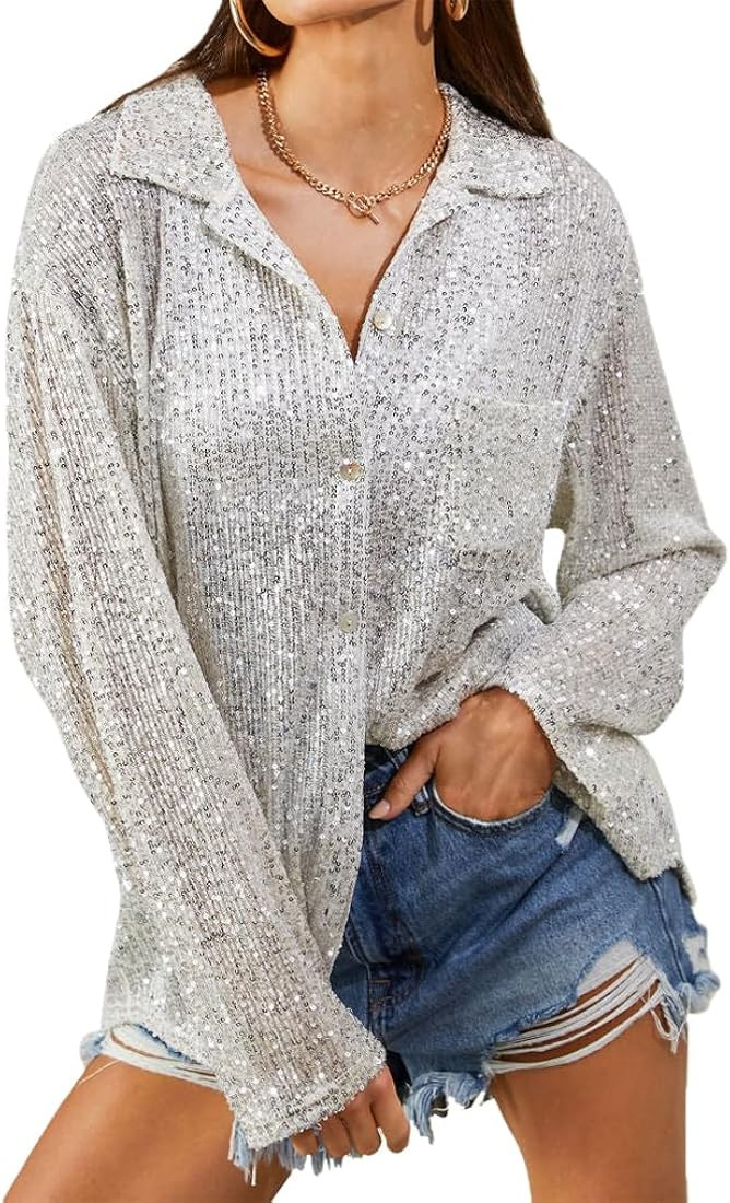 Sequin Button Front Shirt Silver Sequin Tops for Women Sparkly Long Sleeve Shirt Women’s Dinner... | Amazon (US)