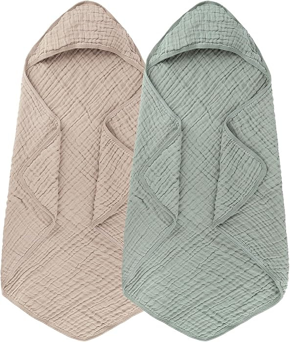 Synrroe 2 Pack Hooded Muslin Cotton Baby Towels (Green/Brown), 32 by 32 Inches, Ultra-Soft & Brea... | Amazon (US)