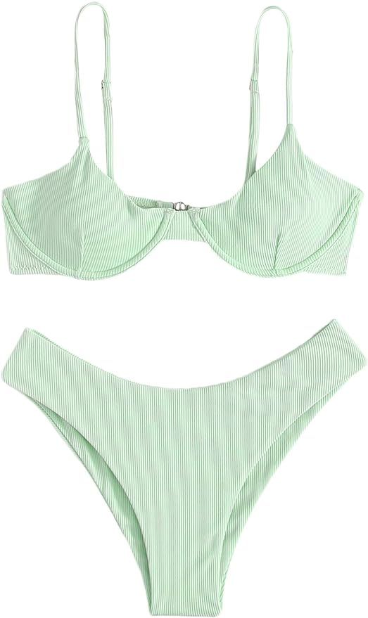 SweatyRocks Women's Spaghetti Strap Ribbed Knit Two Piece Swimsuit Underwire Bikini Sets | Amazon (US)
