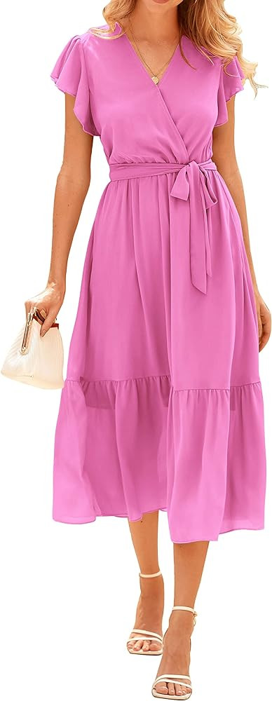 BTFBM Women Summer Bohemian Floral Casual Wrap V Neck Ruffle Cap Sleeveless Belt A-Line Pleated H... | Amazon (US)