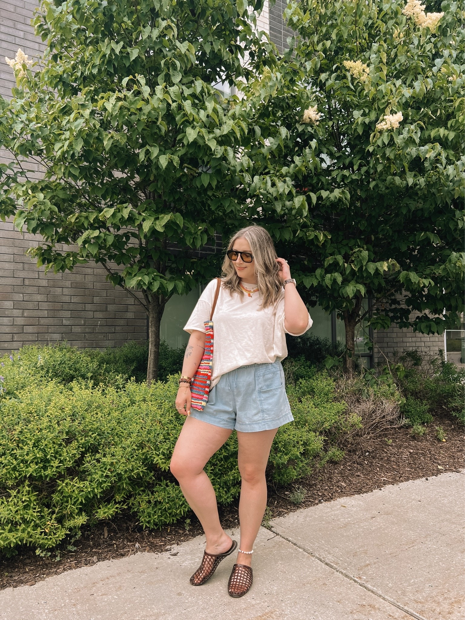 Comfy summer ootd! Wearing my usual size L in the graphic tee and shorts. I’m a 9.5-10 shoe and wear a 10 in the jelly shoes. Canadian shoes and bag links under “similar products”

#LTKsummer #LTKmidsize #LTKsale