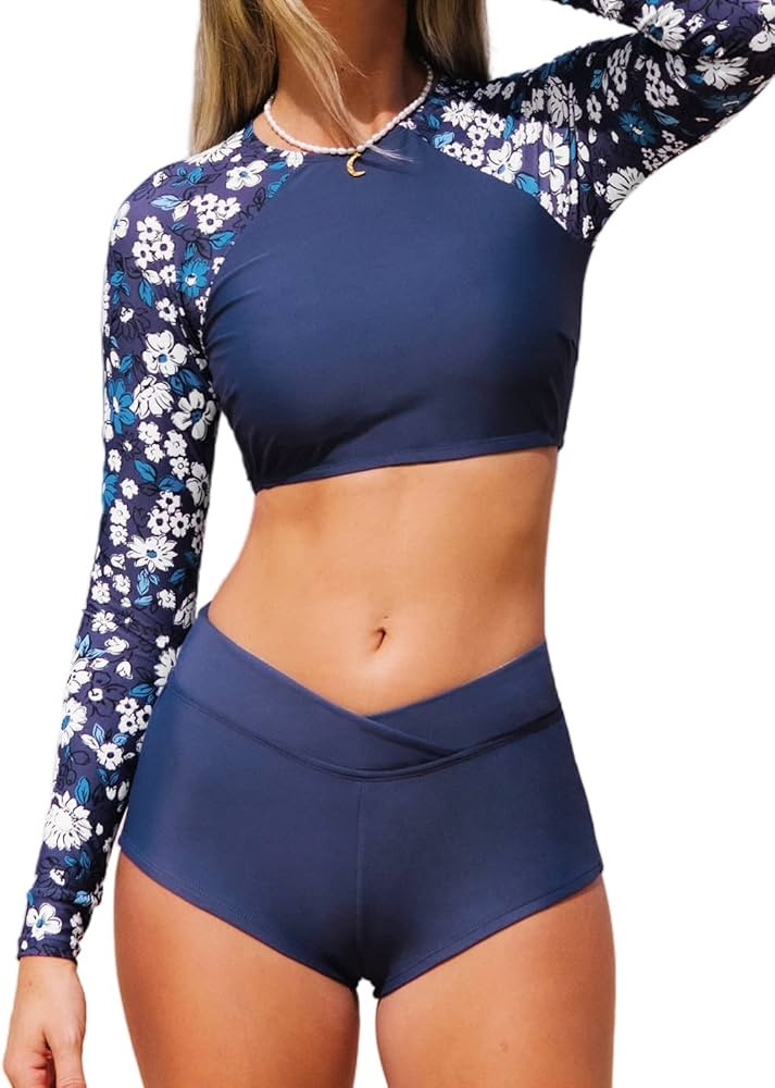 CUPSHE Bikini Sets for Women Two Piece Swimsuits Long Sleeve Top High Waisted Tummy Control V Cut... | Amazon (US)