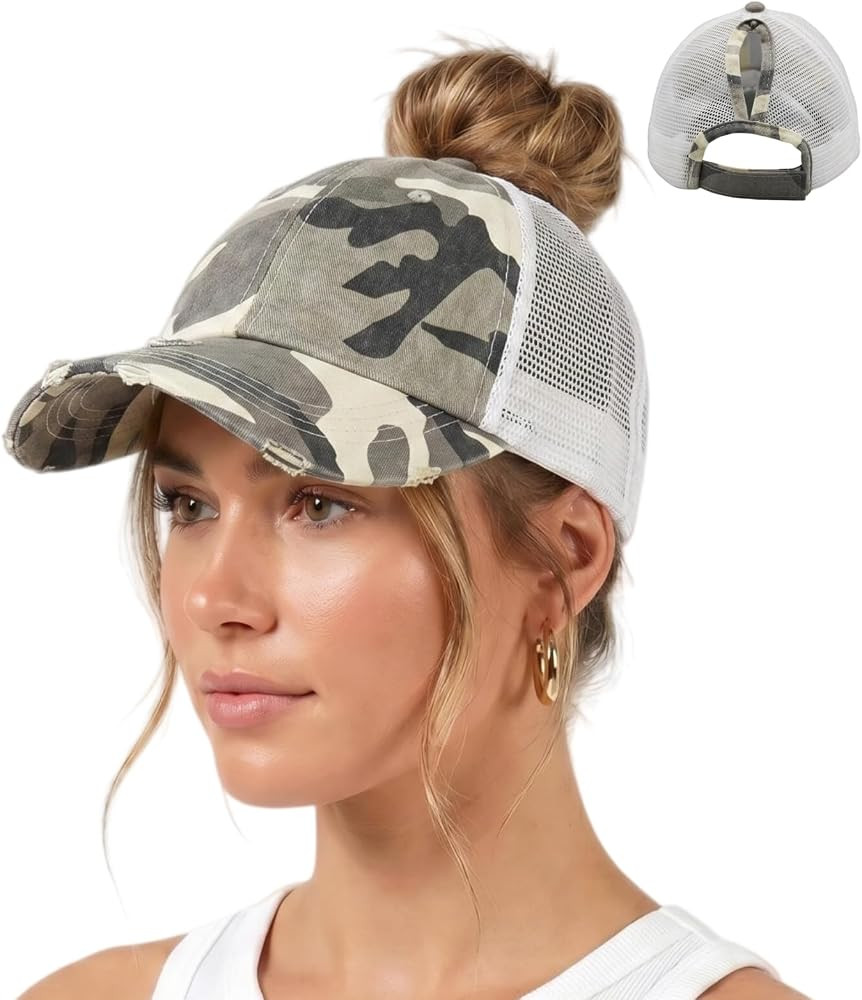 Womens High Ponytail Messy Bun Baseball Caps Distressed Unconstructed Hats | Amazon (US)