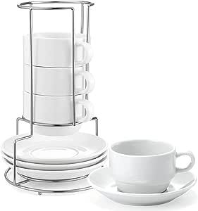 Yedio Porcelain 8 oz Coffee Cups with Saucers and Metal Stand, Porcelain Stackable Cappuccino Cup... | Amazon (US)