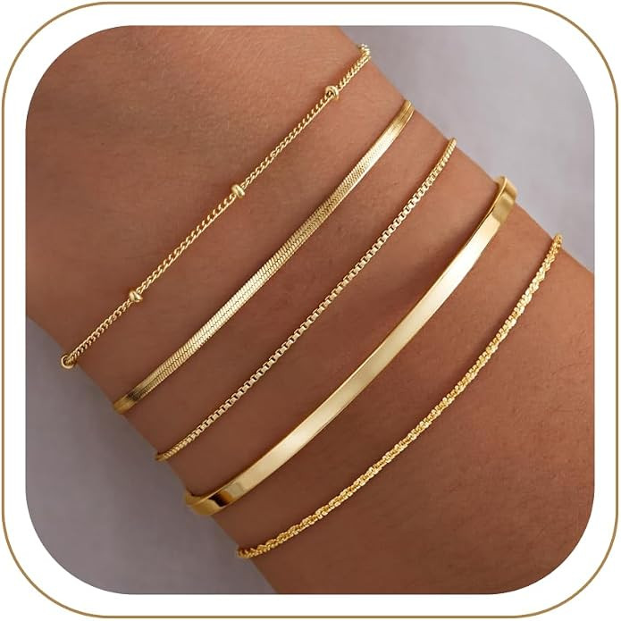 Dainty Gold Bracelet for Women Trendy Non Tarnish, Thin Bracelets Stackable Set with Bangle Cuff,... | Amazon (US)