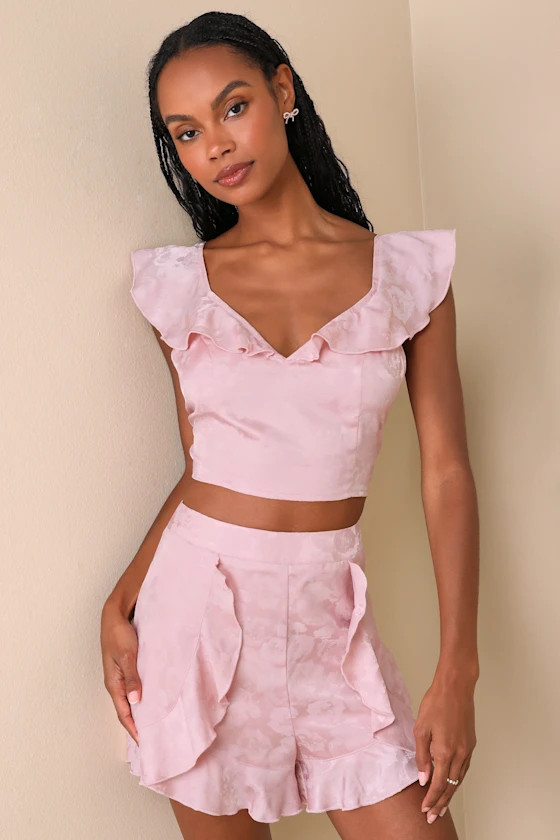 Exemplary Cutie Light Pink Satin Jacquard Ruffled Shorts | Lulus