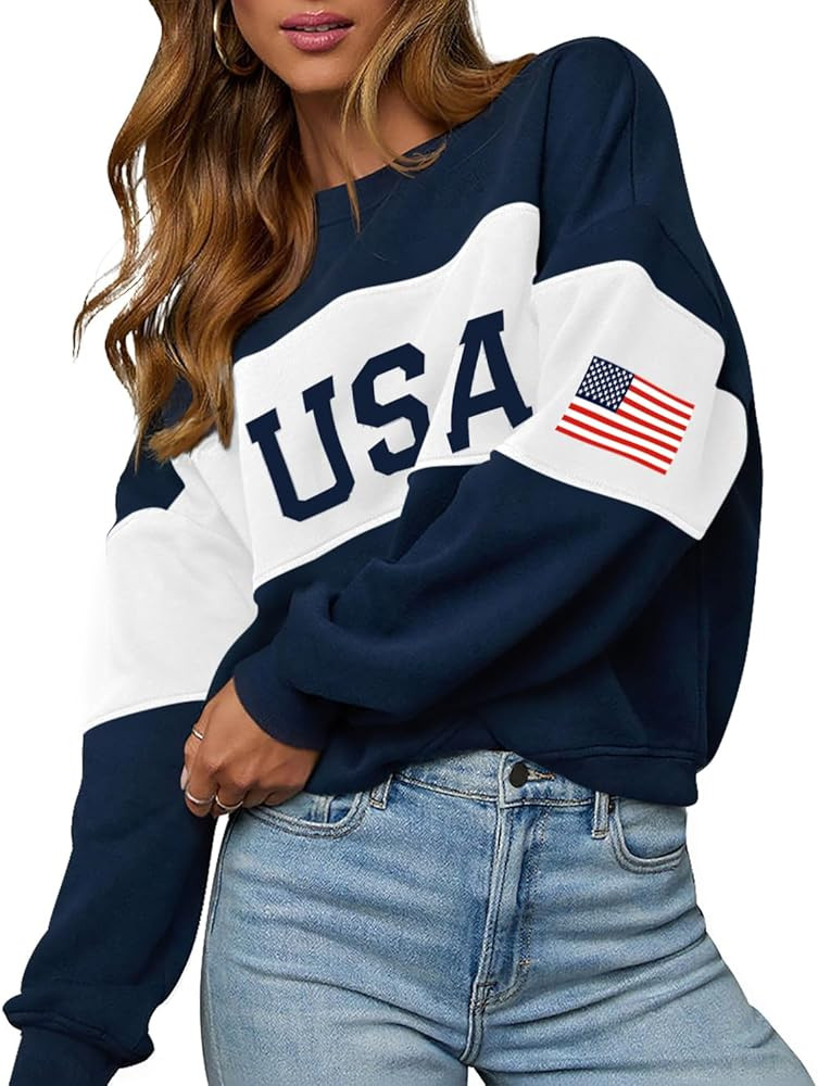 LEEDYA Womens Oversized USA Sweatshirt Crew Neck Long Sleeve T Shirts Casual American Flag Sweate... | Amazon (US)
