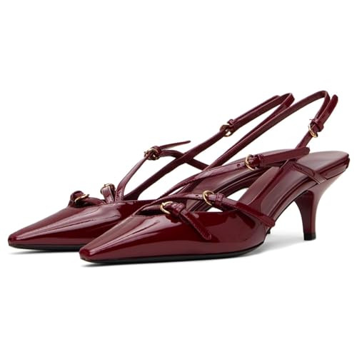 PERLSAC Women's Slingback Kitten Heels Pointed Toe Stiletto Sandals Buckle Strap Heeled Pumps Shoes Wine Red Size 8 | Amazon (US)