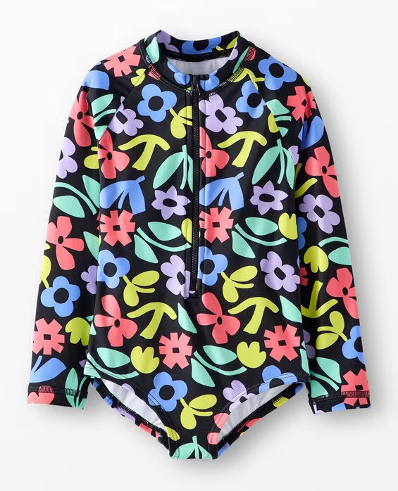 Girls' Florals On Black One-Piece Rash Guard Swimsuit - Size Big Kids 8 by Hanna Andersson | Hanna Andersson