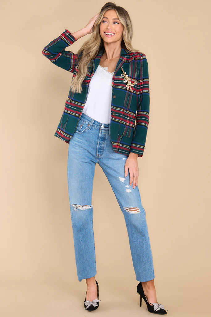 Dressed In Time Green Plaid Blazer | Red Dress 