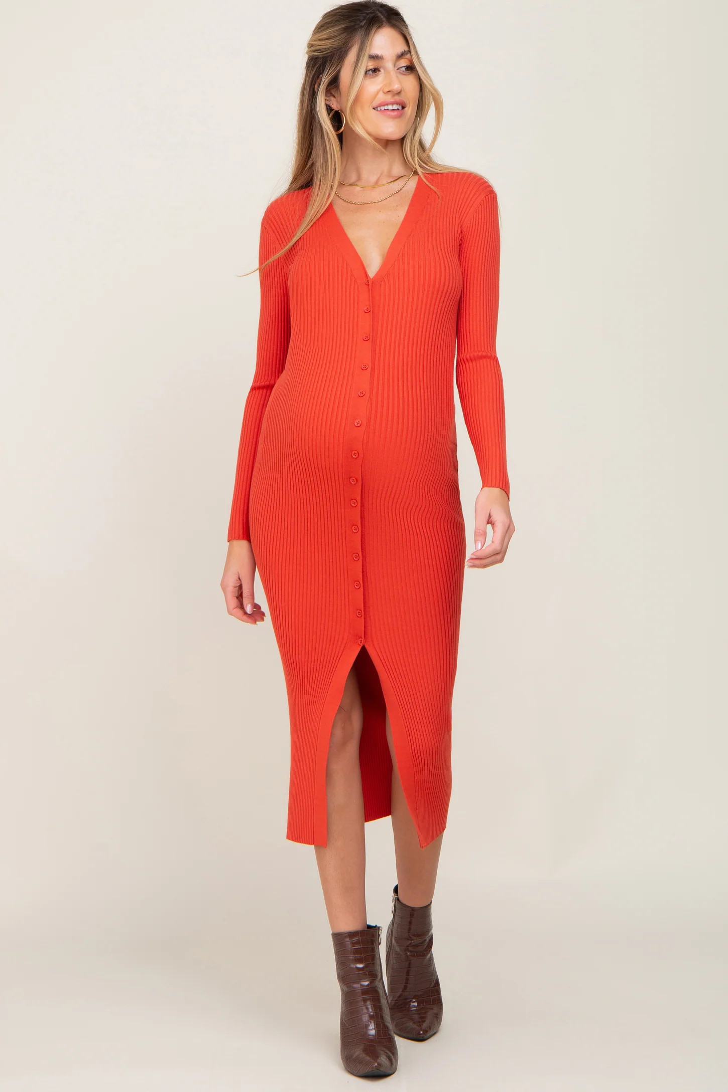 Rust Ribbed Button Front Long Sleeve Maternity Dress | PinkBlush Maternity