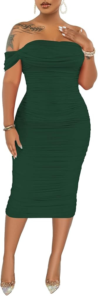 PINSV Women Ruched Off Shoulder Dress Bodycon Party Elegant Midi Dresses | Amazon (US)