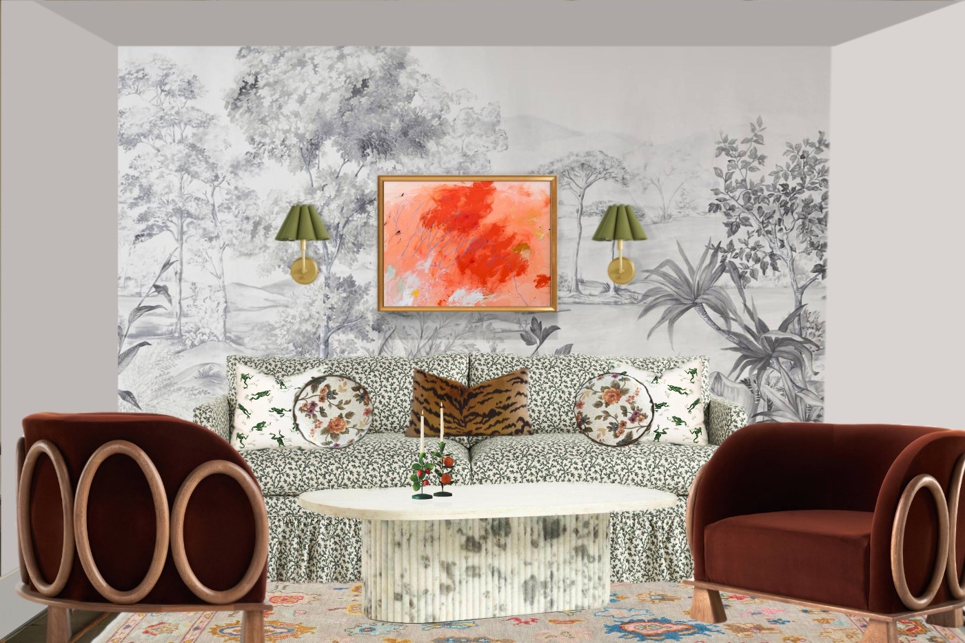 The spring-themed living room  we designed features a scenic mural, a skirted sofa, a handknotted rug. The artwork adds a splash of color. #livingroom #spring #art #handknottedrug #accrntchair #wallsconce #coffeetable @Anthropologie @Etsy

#LTKSaleAlert #LTKSpringSale #LTKHome