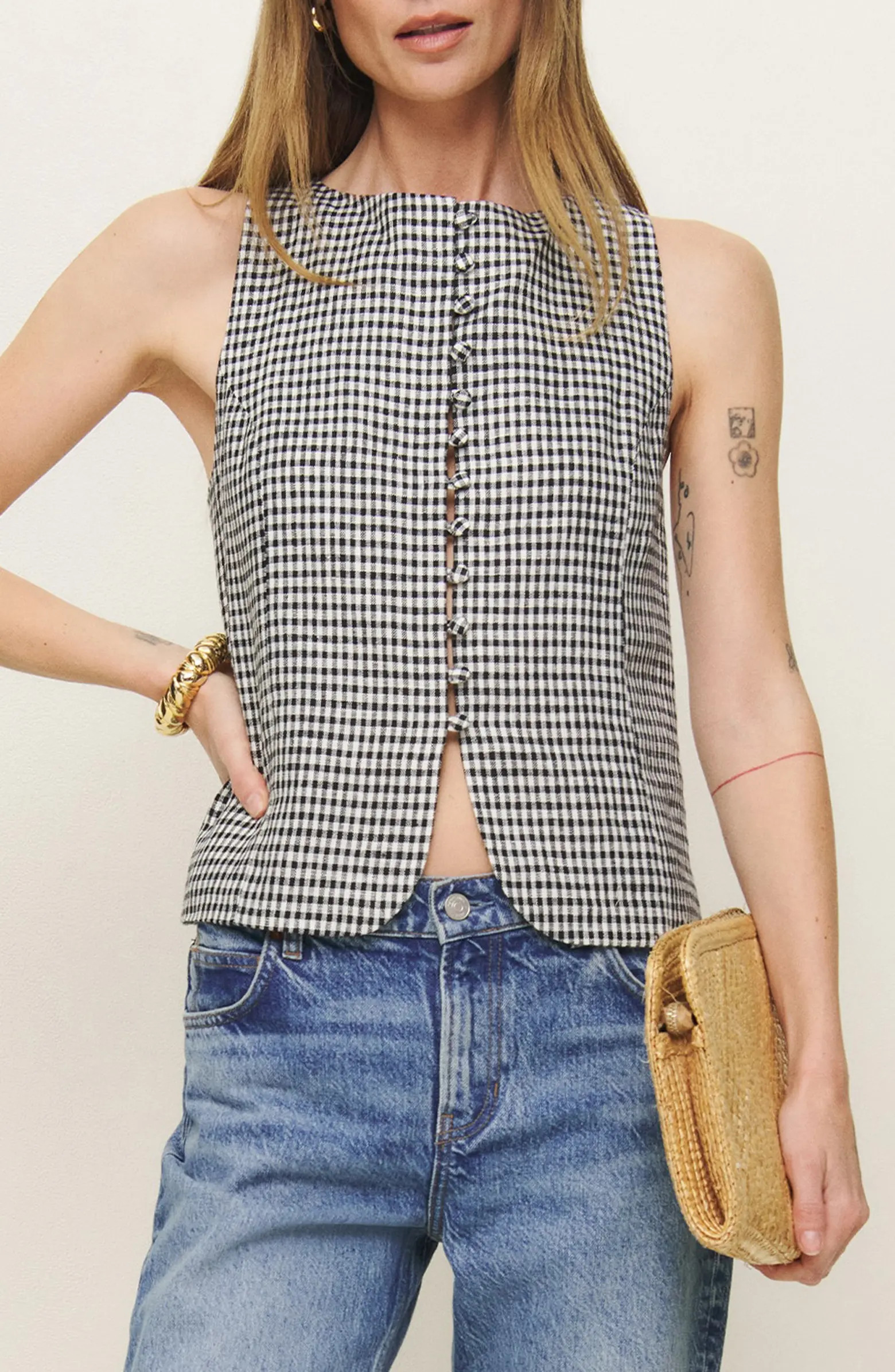 Reformation Addison Gingham Sleeveless Linen Button-Up Top | Nordstrom | Nordstrom