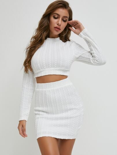 SBetro Cable Knit Crop Sweater & Skirt Set | SHEIN