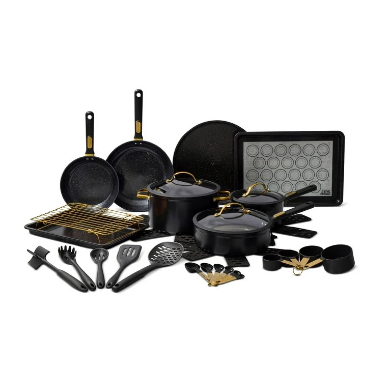 Thyme & Table 32-Piece Aluminum Ceramic Non-Stick Cookware Set - Black Pots and Pans | Walmart (US)