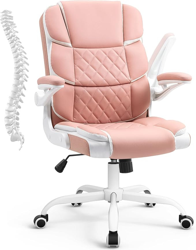 SEATZONE Ergonomic Office Chair Pink PU Leather Desk Chairs Computer Chair with Wheels and Flip-u... | Amazon (US)