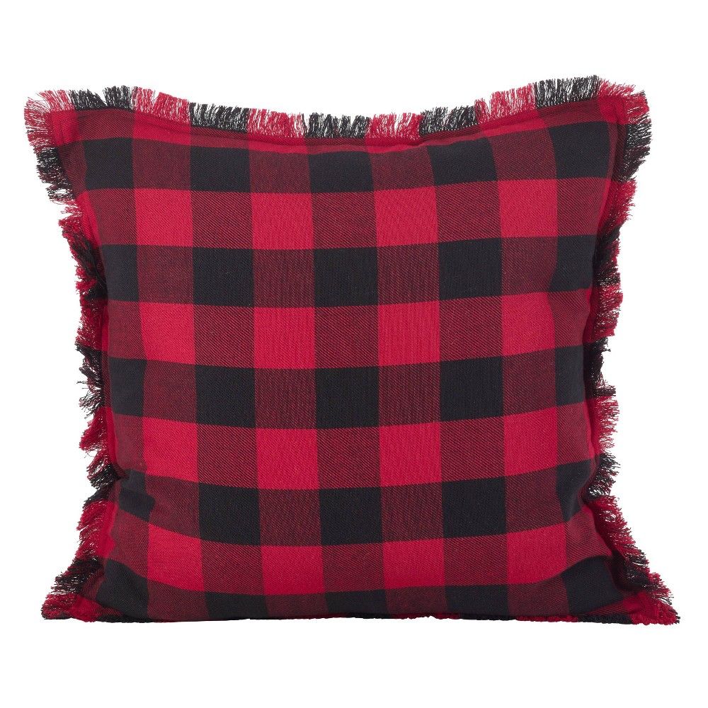 20"" Fringed Buffalo Plaid Pillow Down Filled Red - SARO Lifestyle | Target