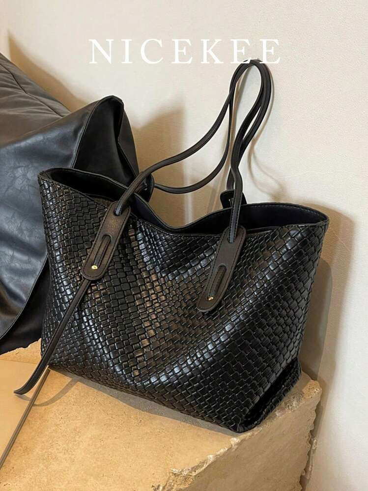 Women's Versatile Solid Color Woven Pattern PU Leather Handbag, Minimalist Large Capacity Top Handle Shoulder Bag, Casual Lightweight Commuter Bag Suitable For Daily Office, Fashionable Waterproof Square Outdoor Travel Shopping Crossbody Bag, Women's Work Bag, Ideal For Everyday Elegance And Special Occasions, New Stylish Large Capacity Women's Bag | SHEIN