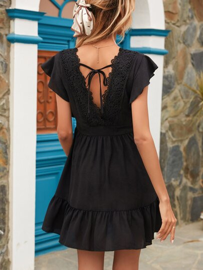 Contrast Lace Tie Back A-line Dress | SHEIN