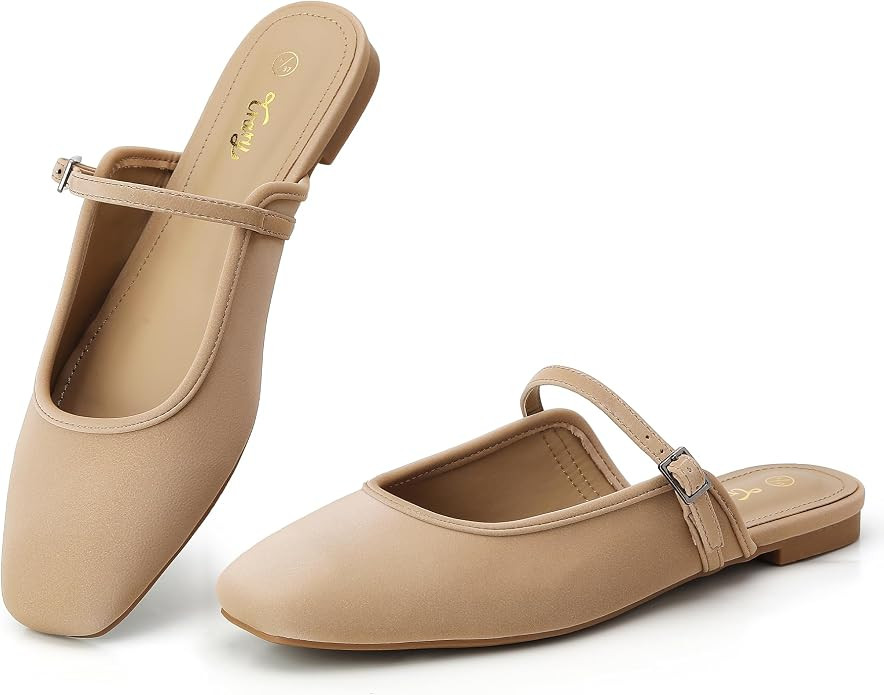 Trary Women Mary Jane Mule Flats Square Toe Slip On Adjustable Strap Shoes | Mules for women ever... | Amazon (US)